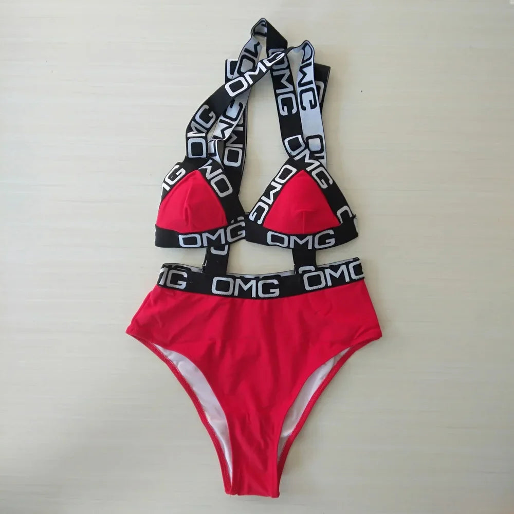 Neon Women Swimsuit Push Up Bikini Swimwear High Waist Bathing Suit OMG Letter Print One Piece Monokini Beachwear Swimsuit red
