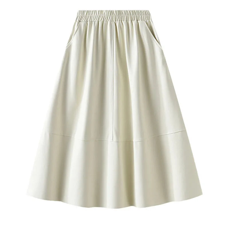 Neophil Korean Style Latex Sarong Women Winter Skirts Solid Retro Pu Faux Leather Umbrella Pockets Gray Midi Skirt S211101 WHITE One Size