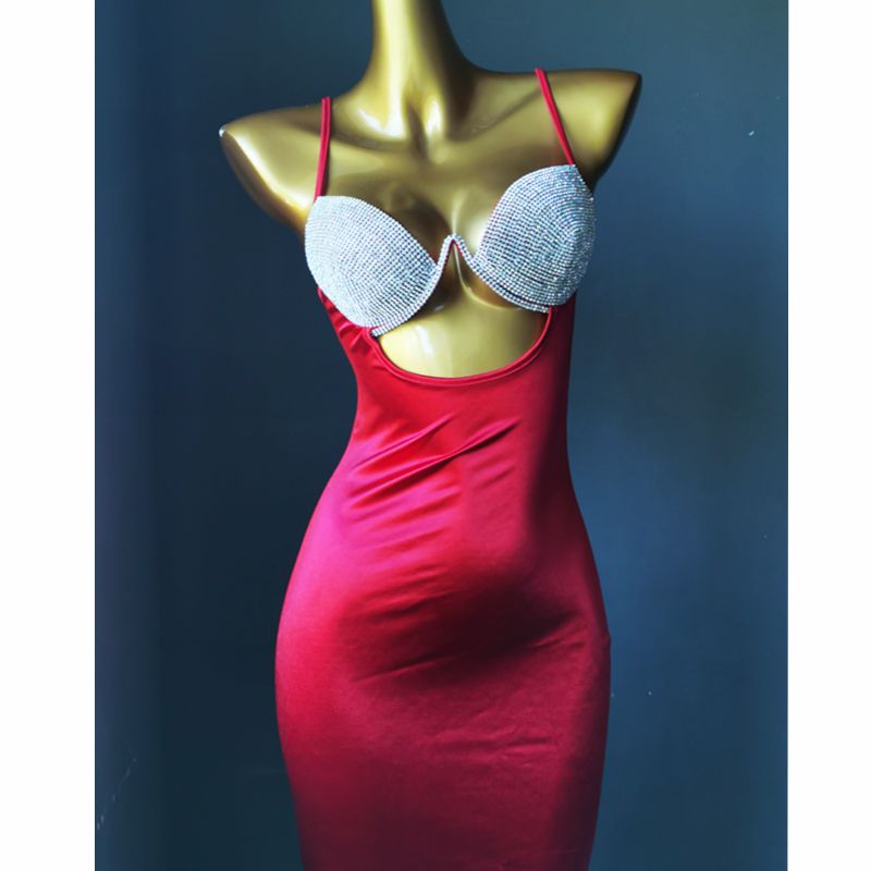 Push Up Sexy Women Dress Hand Made Rhinestone Suspender Skirt Elegant Slim Evening Dress Red