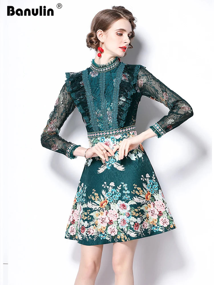 Spring Fashion Runway Flower Jacquard Dress Women's Beading Stand Long Sleeve Ruffles Lace Stitching Vintage Party Vestidos