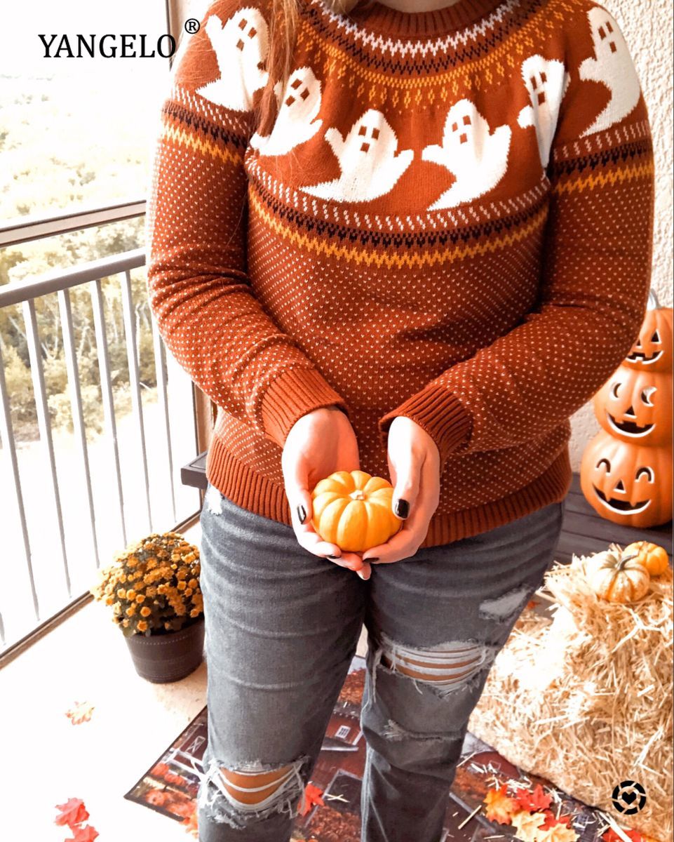 Yangelo Y2k Sweaters Women Halloween's Clothes Gothic Ghost Knitted Pullover for Autumn Winter Purple Streetwear Girl's Top