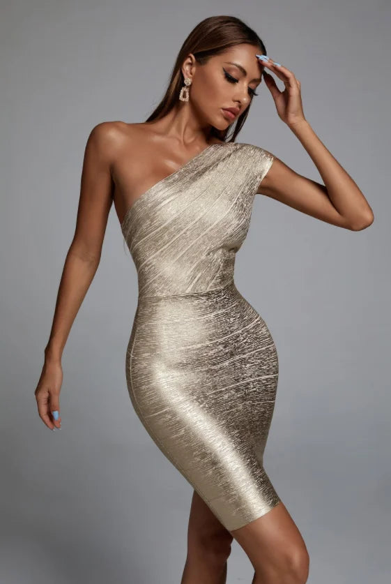 Celebrity One Shoulder Foiling Gold Print Rayon Bandage Dress Elegant Club Party Dress Vestidos