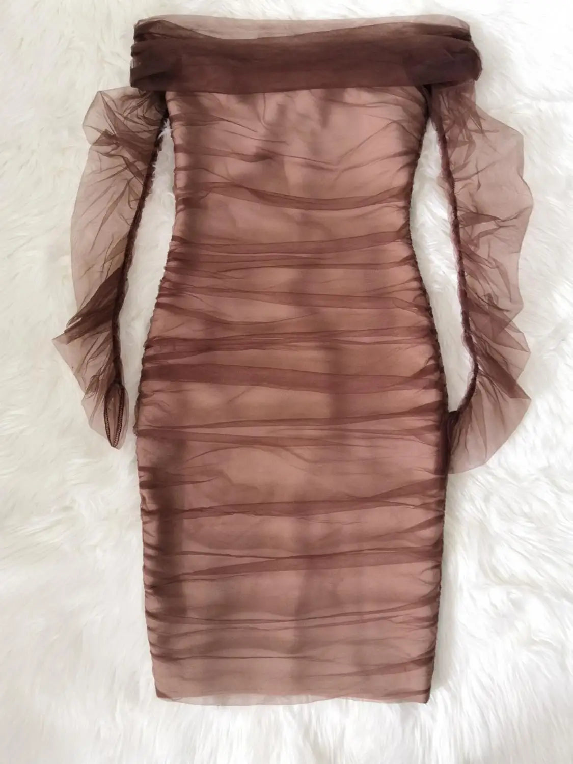 Brown Mesh Sleeve Off The Shoulder Rayon Bandage Dress Elegant Club Party Dress