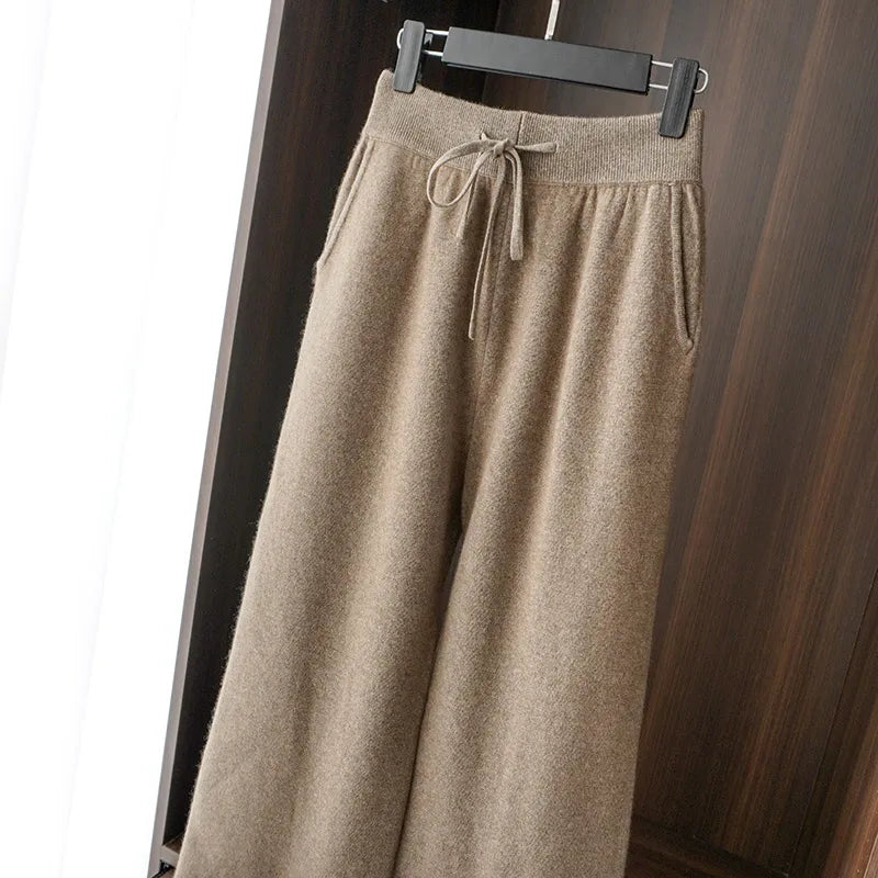 Women Pants 100% Australian Wool Knitted Wide Leg Pant 2021 Winter New Fashion Warm Long Trousers Pure Woolen Female Leggings