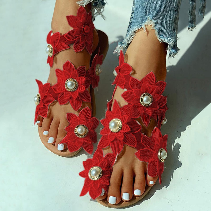 Women Sandals Boho Style Summer Shoes For Women Flat Sandals Beach Shoes 2024 Flowers Flip Flops Chaussures Femme 6 Colors 35-44 Red