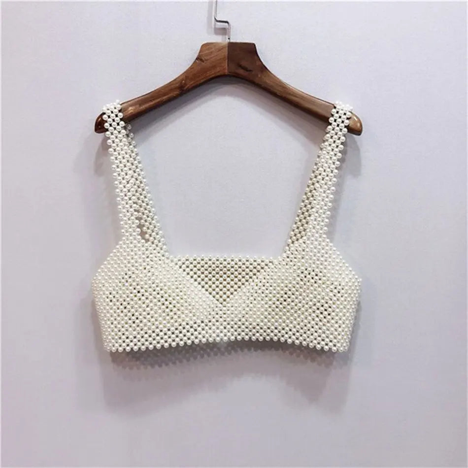 2025 High Street Deep V Neck Pearl Vest Women Fashion Crop Top Ladies White Sleeveless Sexy Club Tank Top Blusas WHITE One Size