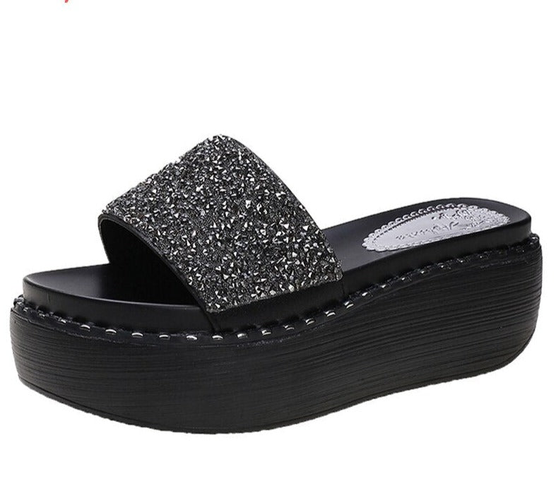 Platform Rhinestone Sandals Slippers Women Gemstone Slides Women Shoes Wedge Slippers String Bead Beach Slides Shoes Gray
