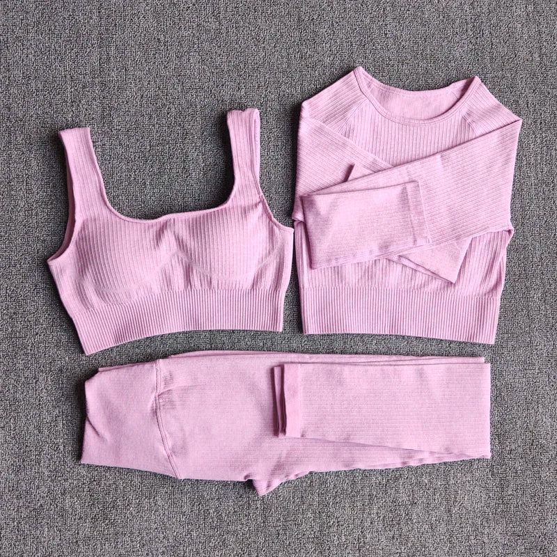 Women's Sportswear Yoga Set Workout Clothes Athletic Wear Sports Gym Legging Seamless Fitness Bra Crop Top Long Sleeve Yoga Suit 3PcsPurple