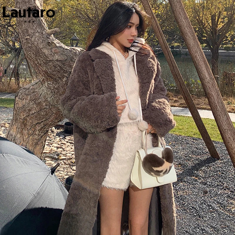 Winter Long Oversized Shaggy Fuzzy Warm Thick Fluffy Faux Fur Coat Women Sashes Lapel Stylish Luxury Korean Fashion 2021