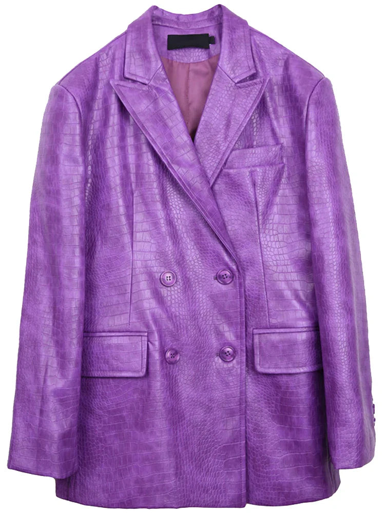 Autumn Oversized Shiny Purple Crocodile Pattern Faux Leather Blazer Women Long Sleeve Double Breasted Y2K Jacket Fashion