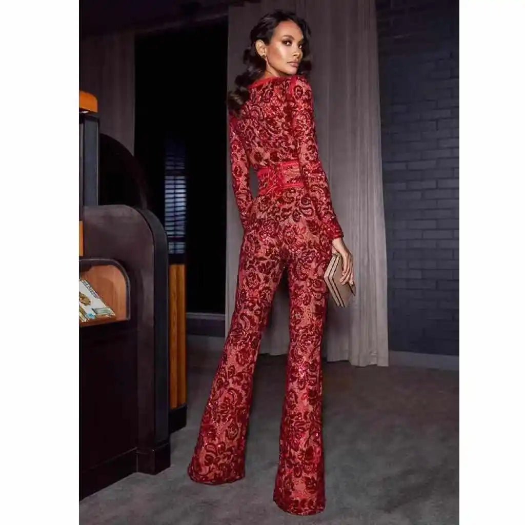 2021 Spring New Jumpsuits Hot Sale Sexy Lace Hollow Out Rompers Red Flame Pants Women's Fashion Club Street Wear