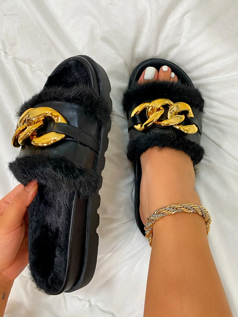 Winter Plush Slippers Fashion Open Toe Solid Color Women's Sandals Metal Chain Outdoor Casual Women's Shoes Fashion Shoes
