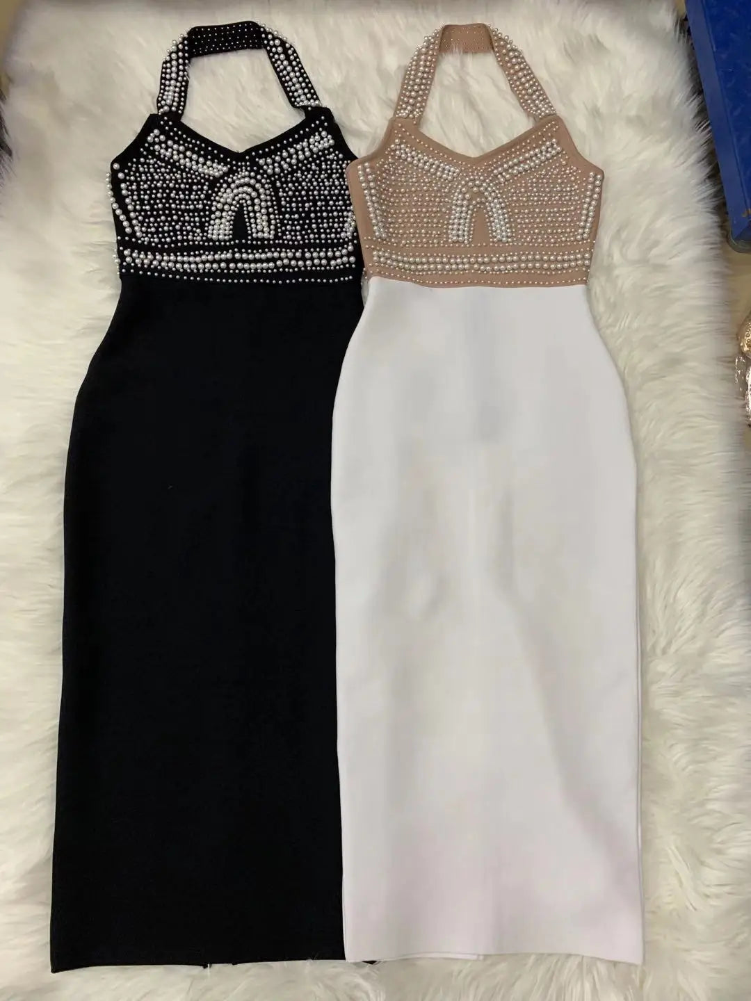 Top Quality High Street White Black Sexy Off Shoulder Sleeveless Beading Shining Knee Length Bandage Dress 2021 Celebrity Party