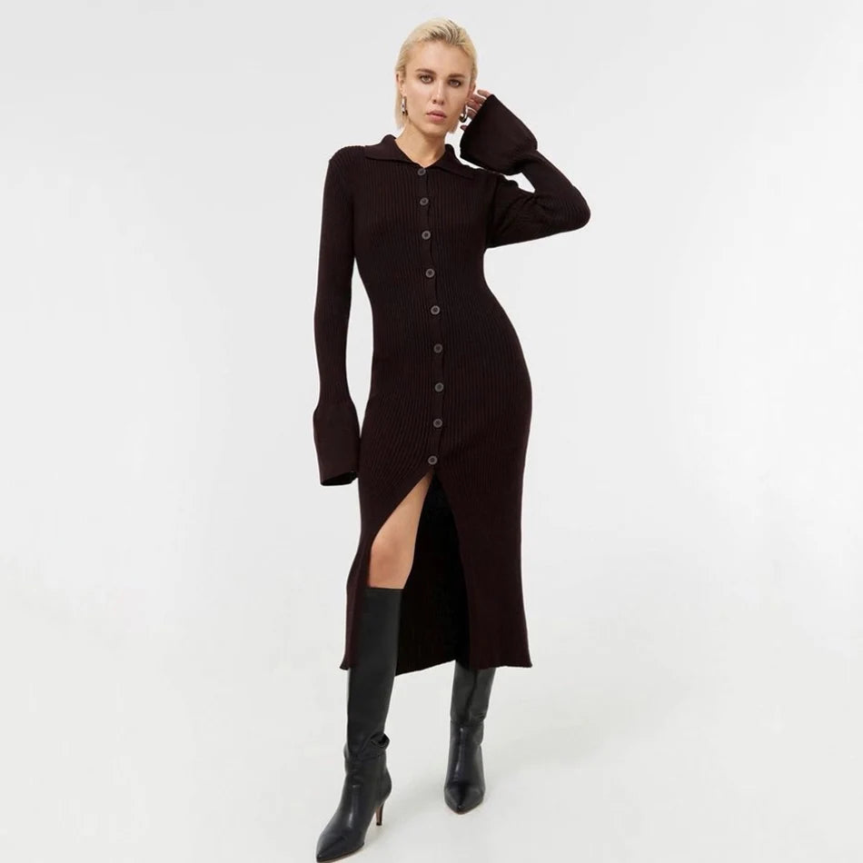 2025 Autumn Bodycon Dress Sweater Knitted Green Women Sexy Midi Split V Neck Long Sleeve Casual Dresses Party Vestidos black