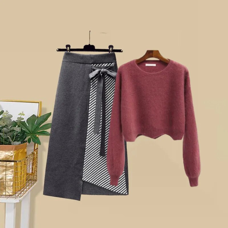 Women Autumn Winter Warm Knitted Two Pieces Sets Korean Long Sleeve Pullover Sweater Top And High Waist Skirts Sets Skirt Two Piece Set 14