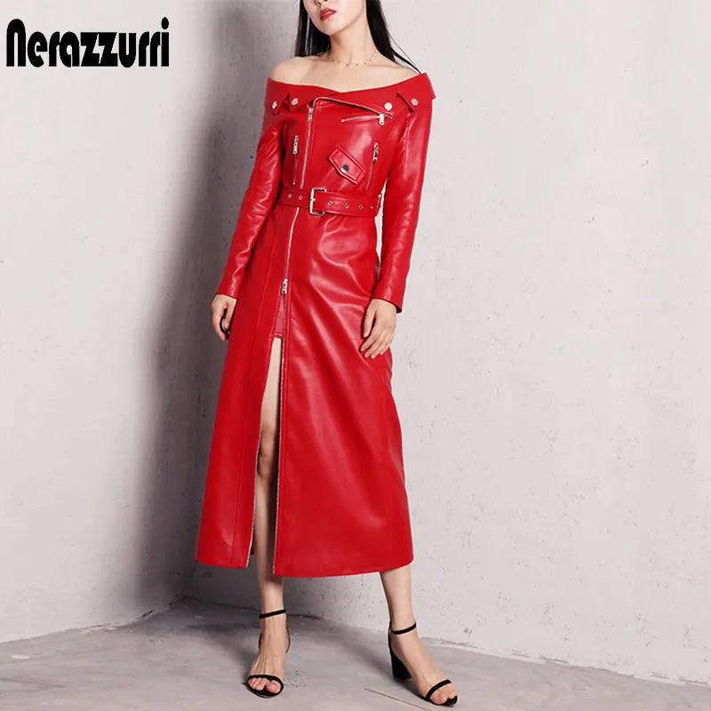 Spring autumn maxi dresses for women slash neck Red black pu leather dress women long sleeve runway Elegant dress