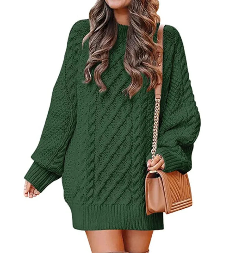 13 Colors Women Crewneck Long Sleeve Oversized Tops Cable Knit Chunky Pullove Thick Autumn and Winter Sweater Dresses Green