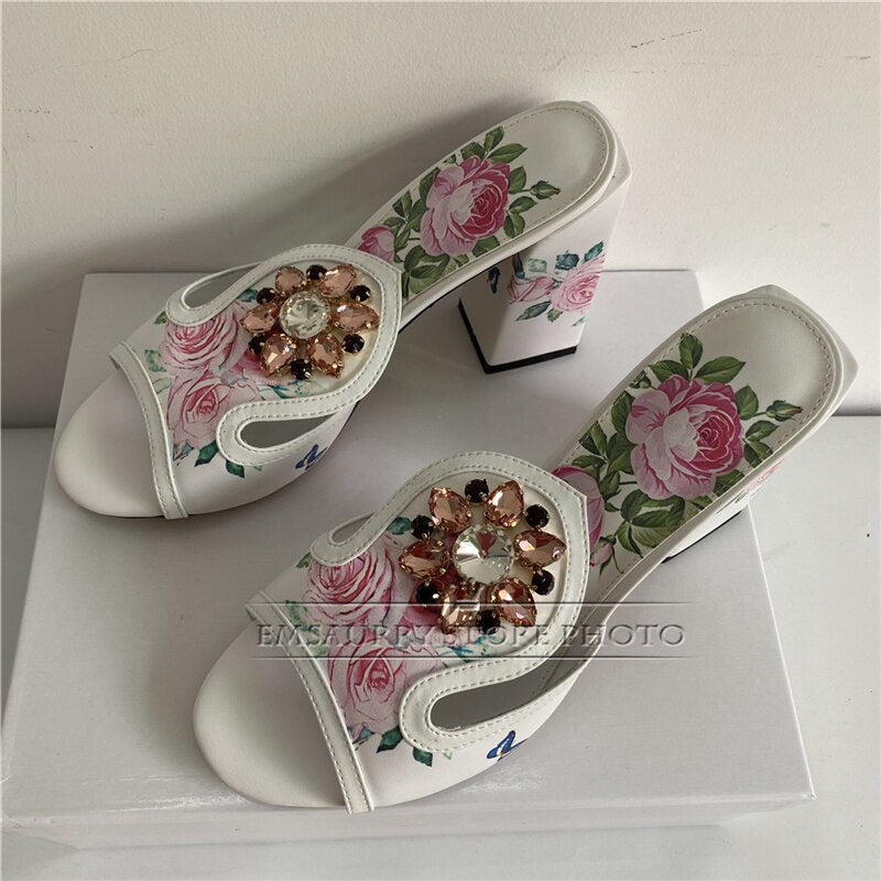 Print Butterfly-Flower Real Leather Sandals Women 10cm Square High Heel Open Toe Slingbacks Rhinestone Runway Mules