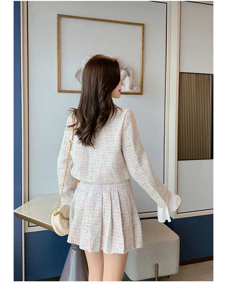 Women Autumn Winter 3 Piece Sets Lady Fashion Elegant Slim Coat Skirt Shirt Three-piece Suit Tweed Sets