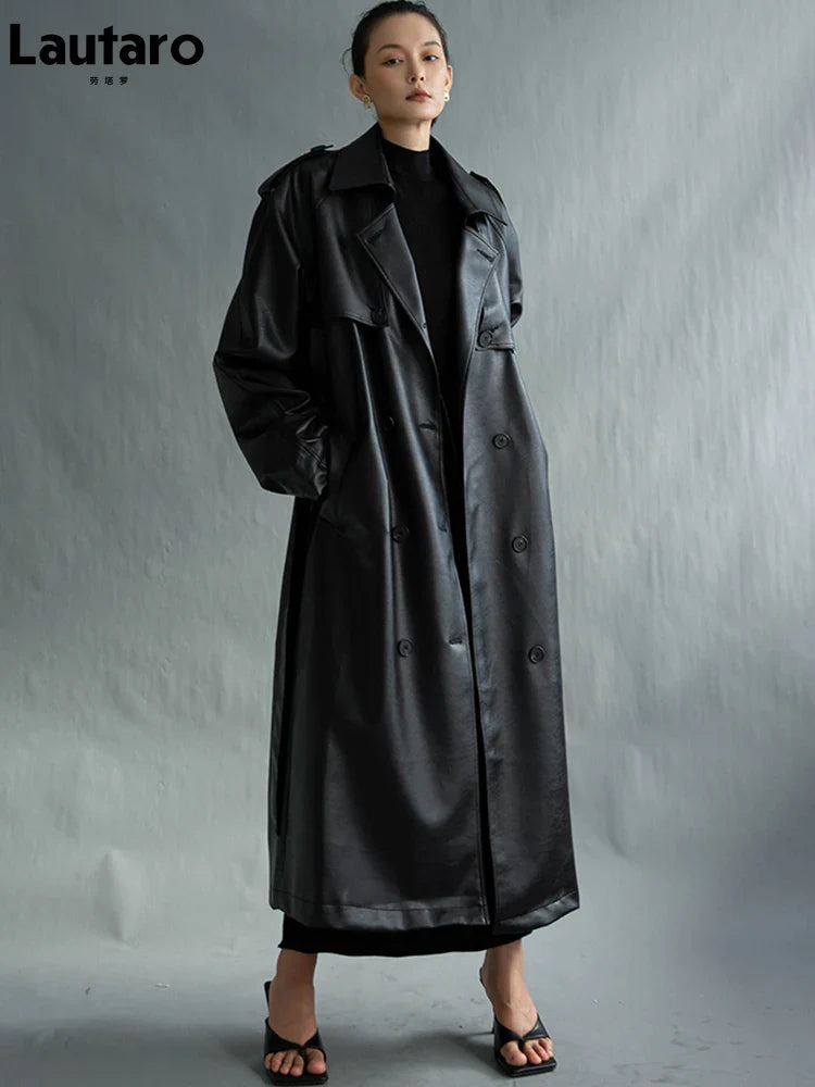 Autumn Extra Long Oversized Black Faux Leather Trench Coat for Women Long Sleeve Belt Double Breasted Loose Fashion 2021