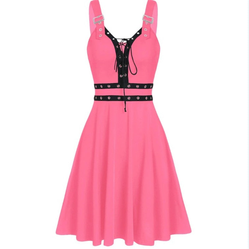 Women Mini Dresses Gothic Black Sexy Deep V Neck Fall Punk Sleeveless Rivet Fashion Tunic Hip Hop Bandage Female Dress