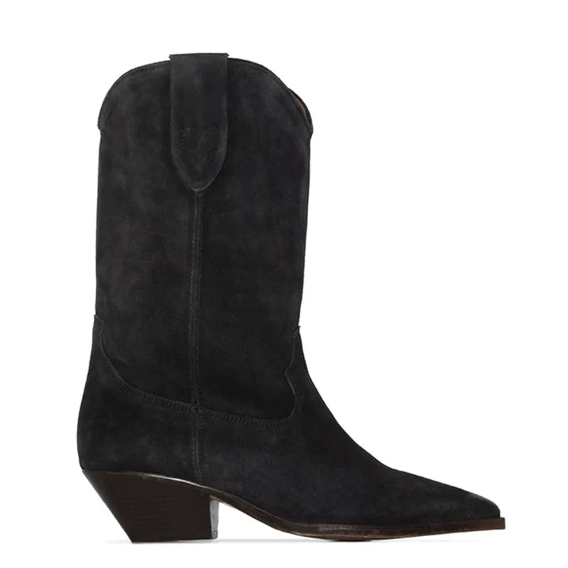 Nude Suede Embroidered Mid-Calf Boots Women Designer Shoes Thick Heel Pointed Toe Cowboy Boots for Women Knight Botas Femininas black 2