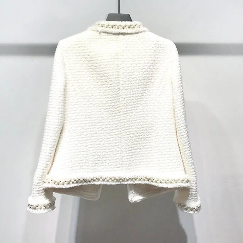 White tweed women jacket Hand-made beads spring / autumn / winter woolen coat new Wool classic jacket Ladies