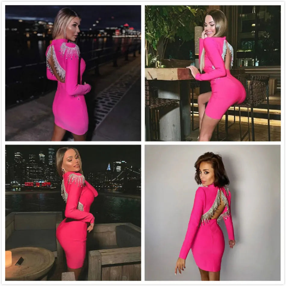 Black Women Bandage Dress High Neck Long Sleeve Sexy Halter Beaded Tassel Dress Bodycon Dress Club Party Dresses