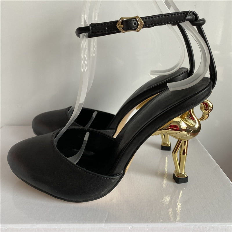 Unique Flamingo Strange High Heel Sandals Women Knitted Narrow Band Ankle Strap - Design Summer Runway Shoes Woman Black Cover Toe