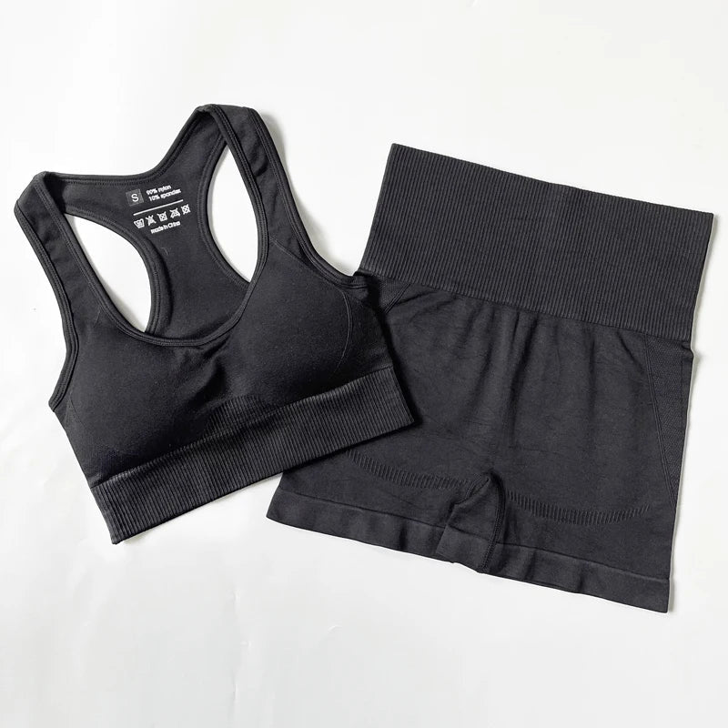 2/3/4PCS Seamless Women Yoga Set Workout Sportswear Gym Clothes Fitness Long Sleeve Crop Top High Waist Leggings Sports Suit Bra shorts Black