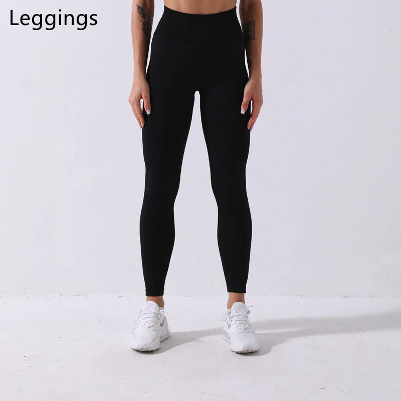 Rid Seamless Yoga Set Women 2pcs Two Piece Long Sleeve Crop Top T-Shirt Leggings Outfit Clothes Gym Wear Fitness Suit Sport Sets Black Leggings