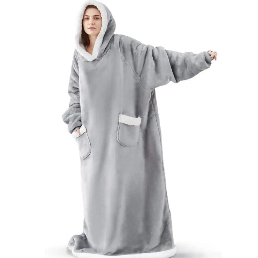 Super Long Flannel Blanket with Sleeves Winter Hoodies Sweatshirt Women Men Pullover Fleece Giant TV Blanket Oversized WF032