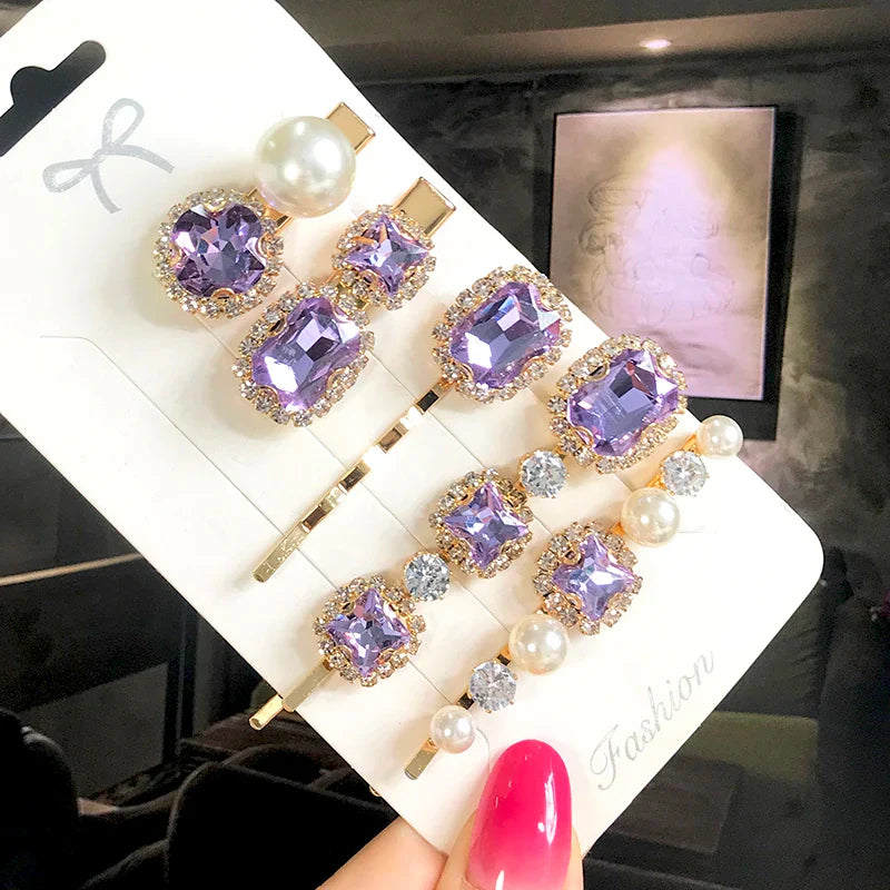 Set Women Hair Clips Jewelry Fashion Crystal Hair Accessories For Girls Luxury Pearl Geometric Barrettes Pins Christmas Gift 5pcs-purple