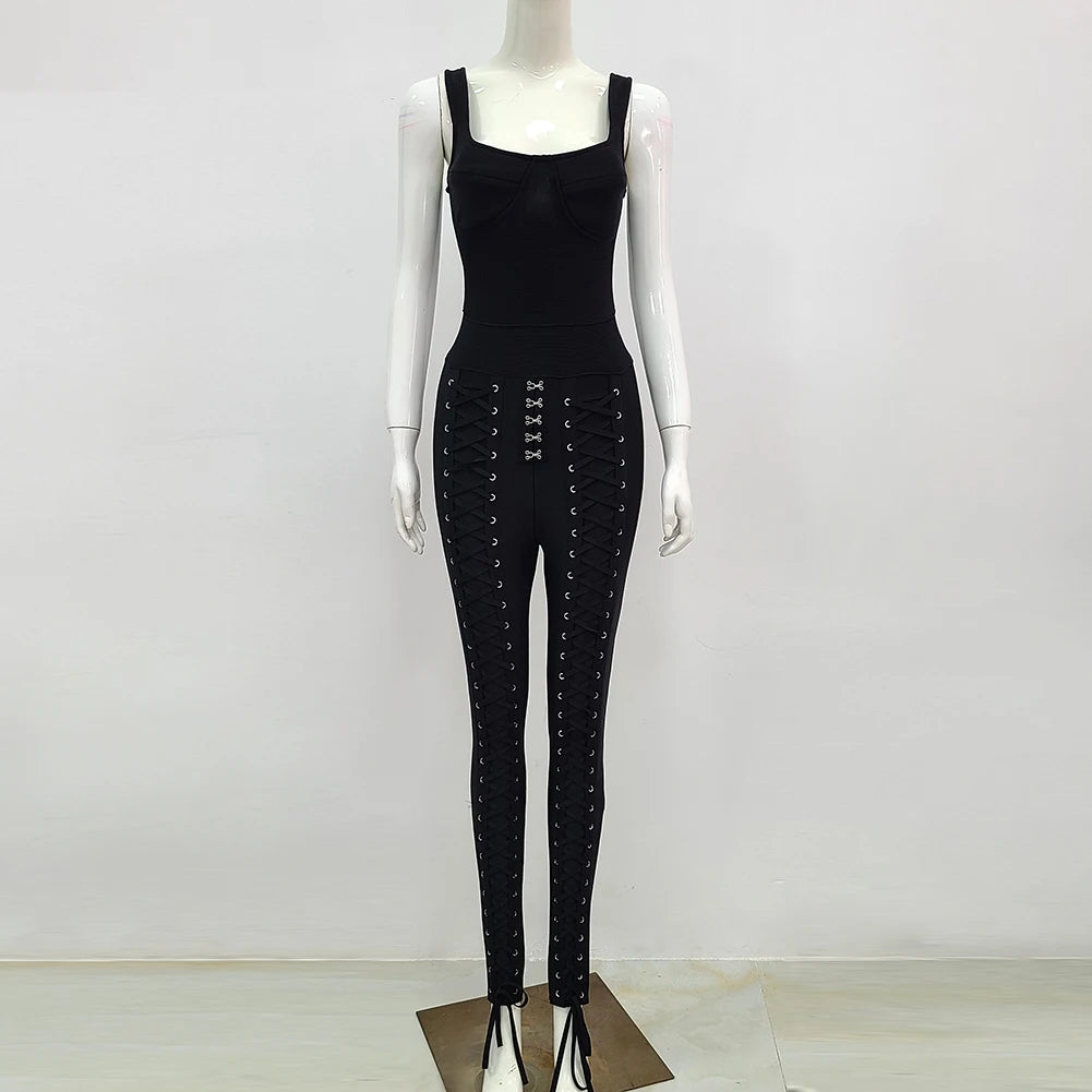 Black White sleeveless Weaving Rayon Bandage Jumpsuit Cocktail Party Bodycon Jumpsuit Vestidos black