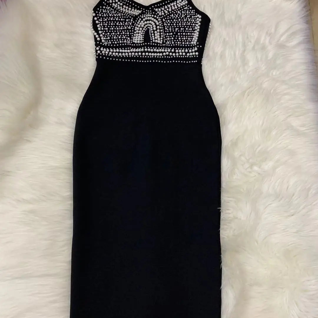 Top Quality High Street White Black Sexy Off Shoulder Sleeveless Beading Shining Knee Length Bandage Dress 2021 Celebrity Party
