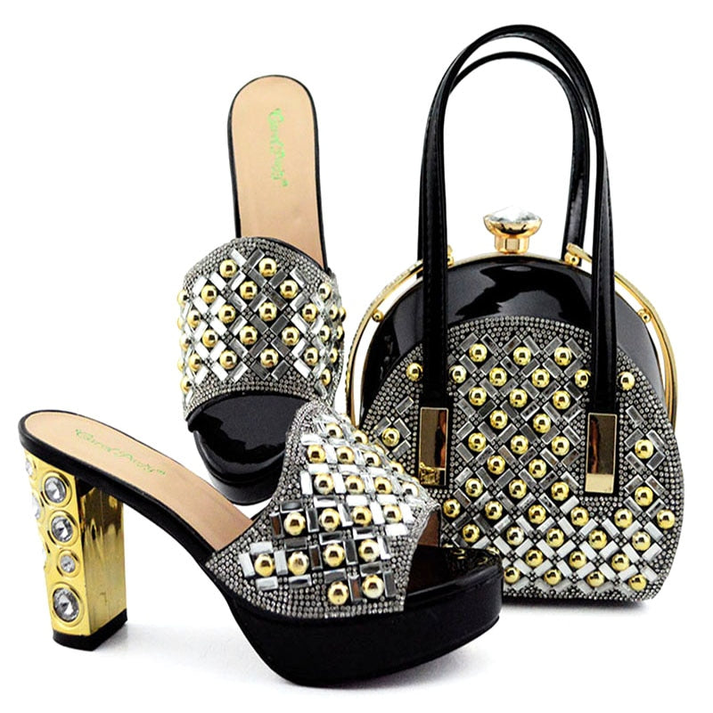Summer New Coming Italian design Teal Color Shoes And Bag To Match Set Nigerian High Heels Party with Mature style Black
