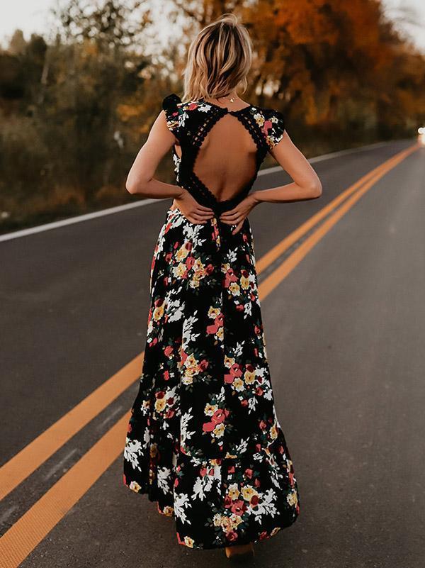 Summer Floral Boho Women Elegant Vintage Long Maxi Dress Sexy Backless Party Beach Dress Sundress