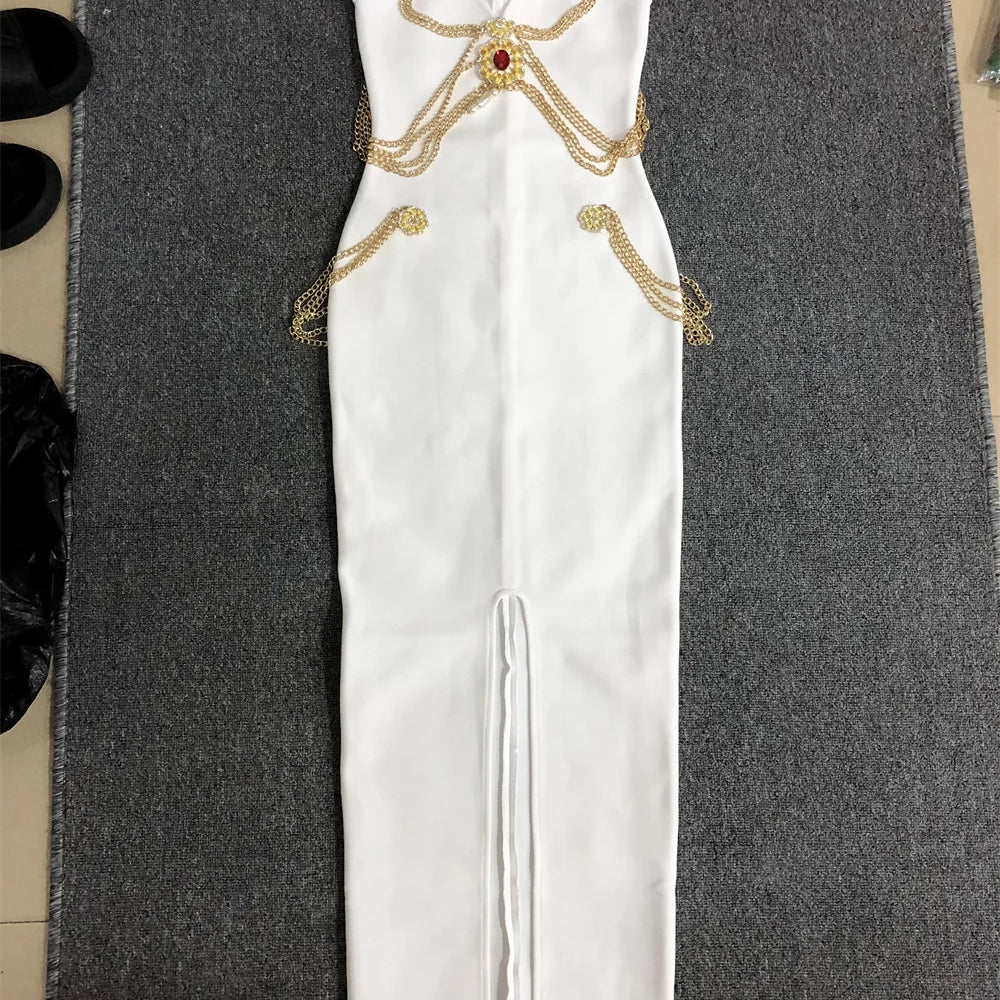 Black White Color Ladies HL Bandage Dress Strap Sexy Rayon Bodycon Long Dress Celebrity Fashion Red Carpet Dress High Quality