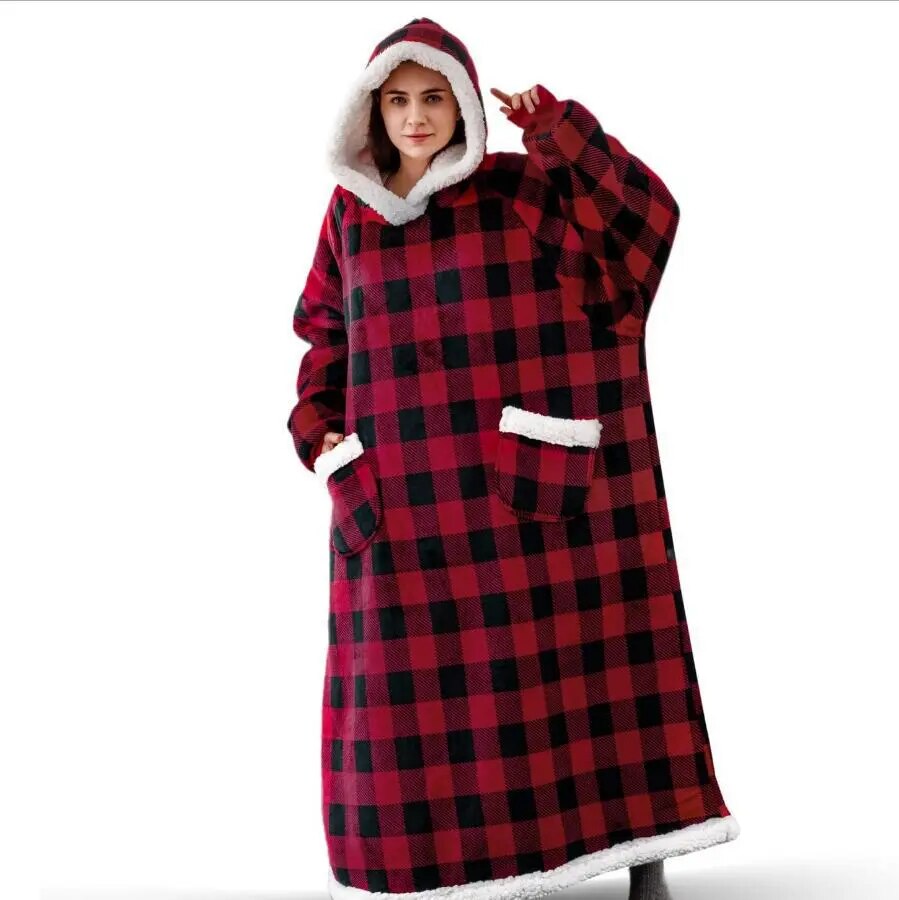 Super Long Flannel Blanket with Sleeves Winter Hoodies Sweatshirt Women Men Pullover Fleece Giant TV Blanket Oversized WF032 Red grid
