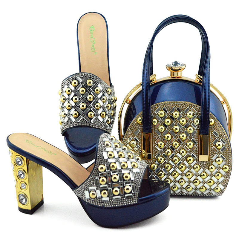 Summer New Coming Italian design Teal Color Shoes And Bag To Match Set Nigerian High Heels Party with Mature style D.Blue
