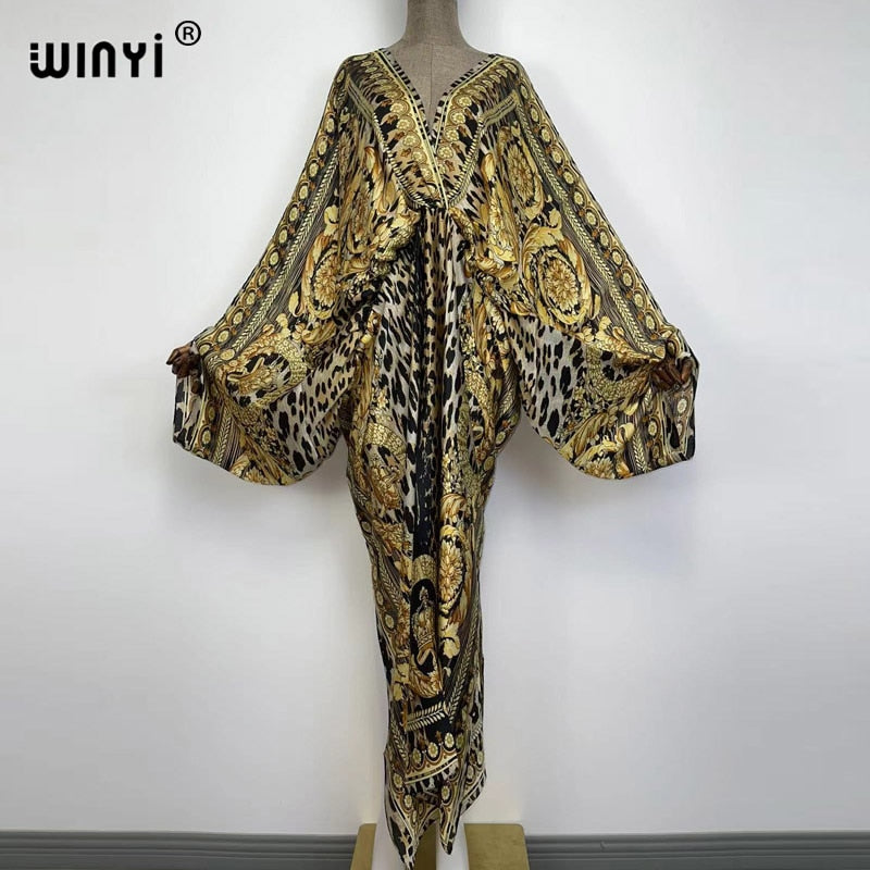Sexy bech high-quality hand-rolled feel silk rayon fashion print 2024 WINYI Maxi Women's robes long beach V-neck Bohemian dress 2 One Size