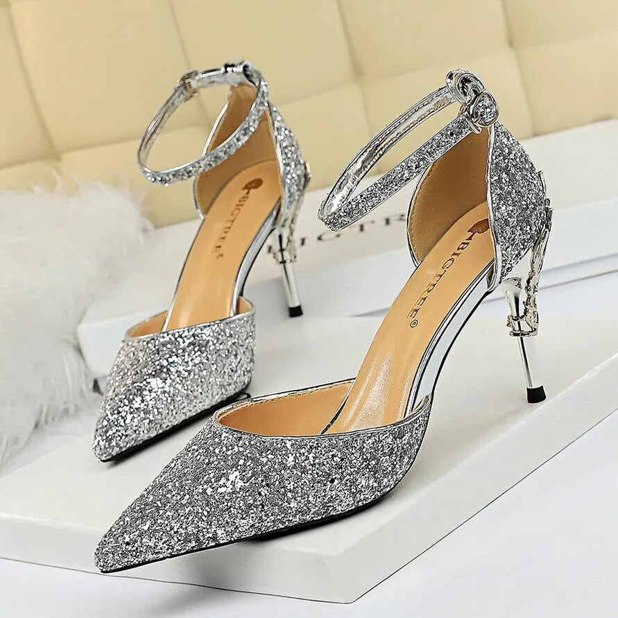 Shoes Heels 2024 New Woman Pumps Sequins High Heels Women Shoes Fashion Ladies Shoes Gold Sliver Stiletto Heels Sandals 238-A5-7.5cm-Sliver