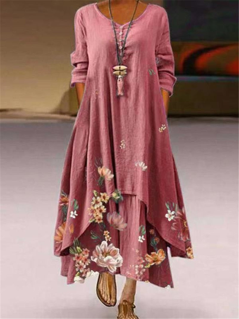 Summer Floral Print Long Sleeve Dresses Women O Neck Buttons Irregular Hem Maxi Dress Loose Plus Size Party Vestidos Long Dress Pink