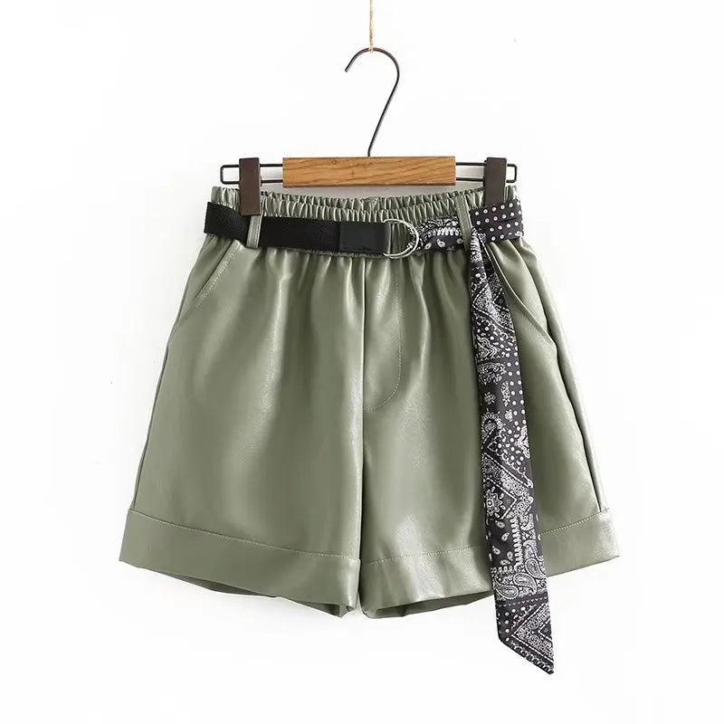 Women Leather Shorts Plus Size Clothing 2021 Winter New Fashion PU Loose Wide Leg Boot Pants With Belt pea-green