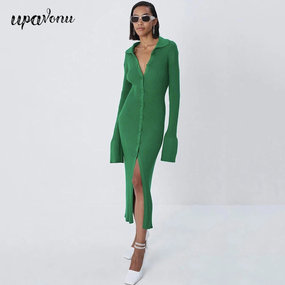 2025 Autumn Bodycon Dress Sweater Knitted Green Women Sexy Midi Split V Neck Long Sleeve Casual Dresses Party Vestidos