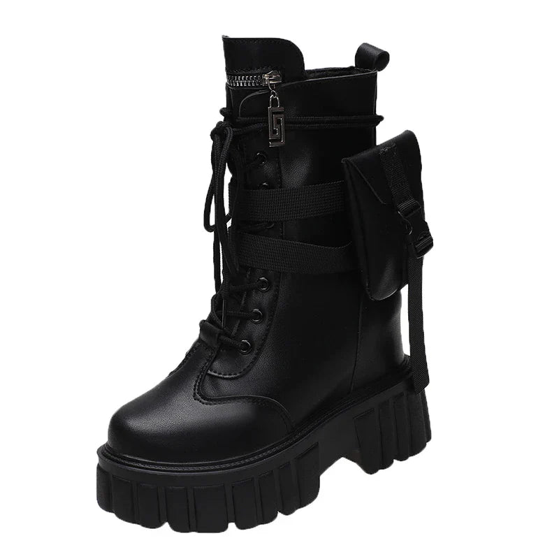 Winter Warm Ankle Boots for Women Leather Short Boots Round Toe High Platform Fur Motorcycle Boots Thick Heel Sneakers Shoe 10cm black