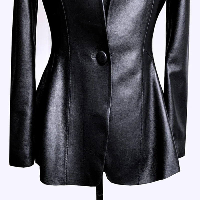 Autumn Black Slim Soft Pu Leather Jacket Women Deep V Neck Long Puff Sleeve Elegant Luxury Skirted Blazer Fashion 2021