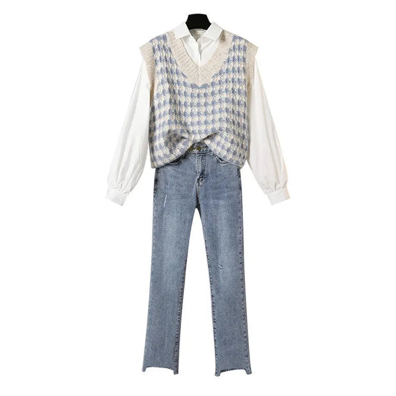 Women's Spring Autumn Fashion 3 Pieces Outfits 2024 Student Korean Casual Shirts+Sweater Vest+Straight Jeans Set Lady Streetwear 3 PCS Set