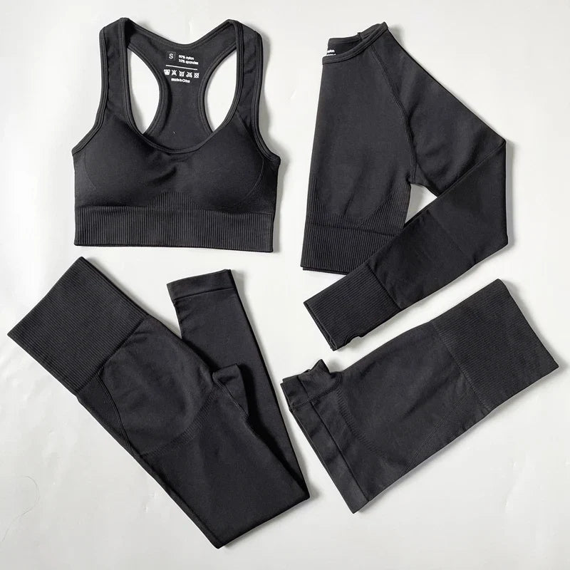 2/3/4PCS Seamless Women Yoga Set Workout Sportswear Gym Clothes Fitness Long Sleeve Crop Top High Waist Leggings Sports Suit 4pcs Set Black