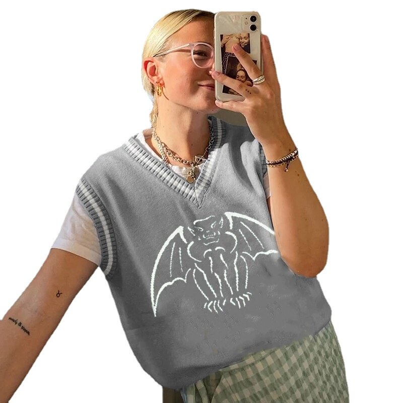 Y2K Oversized Sweater Pullover Ladies Casual Loose Printed Knitted Sweater Retro College Style Halloween Street Fall Winter 2021 20541 grey